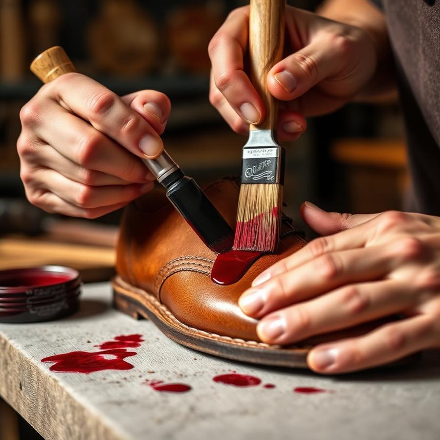 Craftsman hand-applying burgundy dye to a leather shoe