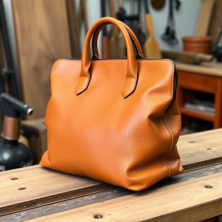 Tan leather handbag after recoloring and repair