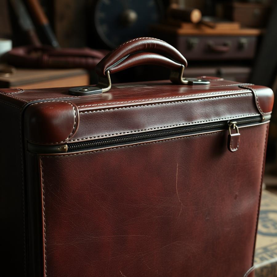 Vintage leather suitcase with repaired handle and zipper