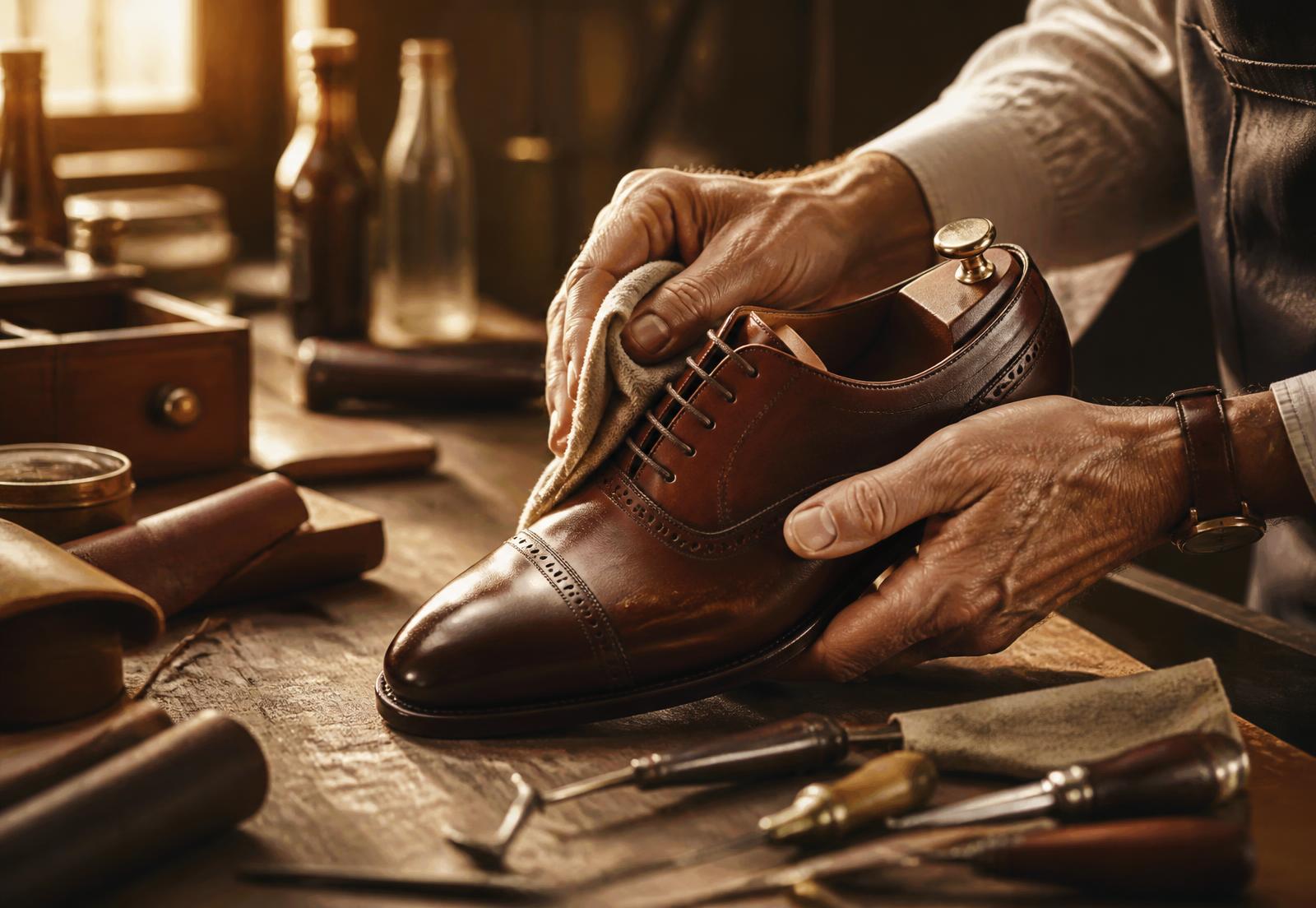 Cobbler polishing a restored brown leather dress shoe at a workbench